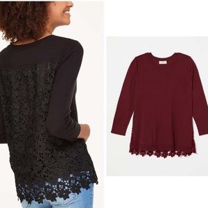 LOFT maroon sweater with floral lace cutout back